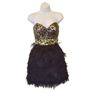 Jovani Leopard Print and Black Feather Mini Dress